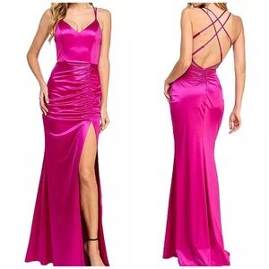 Hot pink satin prom dress